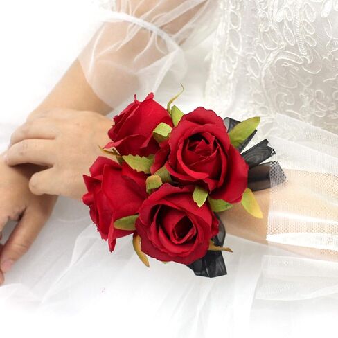 مجموعة Abbie Home Prom Rose Corsage Boutonniere، زهور ذات ملمس حقيقي لحفلات الرقص وحفلات الزفاف مع ديكور فيونكة من الدانتيل (أحمر) in Saudi Arabia