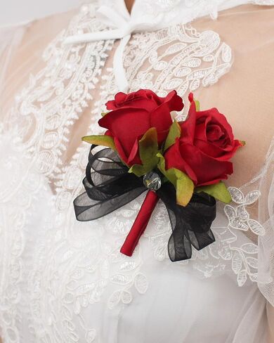مجموعة Abbie Home Prom Rose Corsage Boutonniere، زهور ذات ملمس حقيقي لحفلات الرقص وحفلات الزفاف مع ديكور فيونكة من الدانتيل (أحمر) in Saudi Arabia