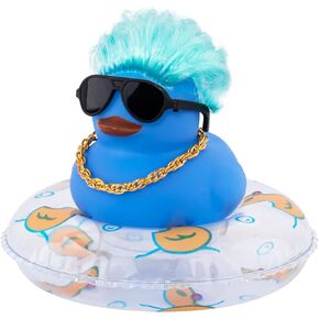 wonuu Car Rubber Duck Decoration, Color Hair Duck Car Dashboard Duck Ornaments Accessories with Mini Swim Ring and Sunglasses Fashion Hair, A_Pink blue hair duck