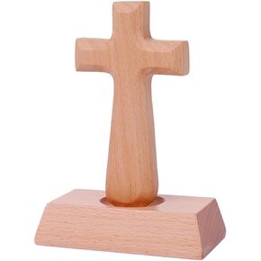 NEWOTE Wooden Standing Cross Statue & Figurine for Table Decoration Home Office Decor Church Religious (Round Head)