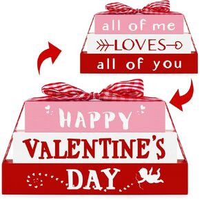CRCZK Reversible Valentine's Day Wooden Sign with Sayings Happy Valentine's Day All of Me Loves All of You Farmhouse Centerpieces for Tables Rustic Tiered Tray Decorations Set in Kuwait