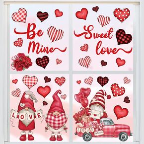 JarThenaAMCS Valentine’s Day Window Stickers Watercolor Plaid Heart Gnome Window Clings Be Mine Love Self-Adhesive Static Window Decals for Home School Party Supplies, 4 Sheet