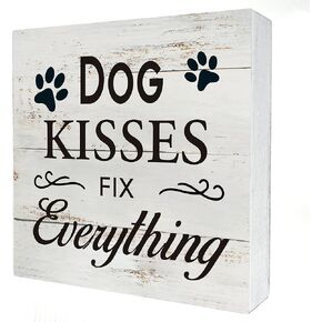Dog Kisses Fix Everything Wooden Box Sign Desk Decor Rustic Dog Wood Block Plaque Box Sign for Home Living Room Shelf Table Decoration Dog Mom Gifts (5 X 5 Inch)