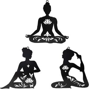 Lifoberstar 3 Pieces Metal Wall Art Decor Yoga Woman Wall Art Lotus Wall Sculptures Metal Meditation Wall Home Hanging for Bedroom Living Room Yoga Room, Black in Saudi Arabia