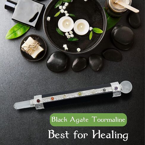 Black Agate Tourmaline Metaphysical Healing Wand 6" | 7 Chakra Gemstone Wand | Dynamic Energy Chakra Balancing & Aura Cleansing Healing Stick | Meditation Reiki Spiritual Divination Tool in Saudi Arabia