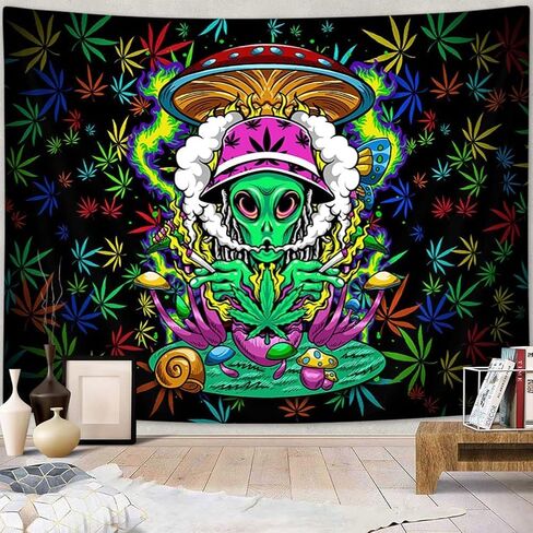 Blacklight Cool Weed Tapestry للرجال، الأشعة فوق البنفسجية التفاعلية Trippy Alien Stuff نسيج أوراق الماريجوانا لغرفة النوم، مخدر التعادل صبغ ستونر المفروشات ملصق بطانية مسكن الكلية يتوهج في الظلام، 60 × 40 بوصة in Kuwait