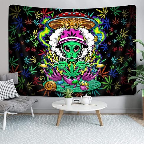 Blacklight Cool Weed Tapestry للرجال، الأشعة فوق البنفسجية التفاعلية Trippy Alien Stuff نسيج أوراق الماريجوانا لغرفة النوم، مخدر التعادل صبغ ستونر المفروشات ملصق بطانية مسكن الكلية يتوهج في الظلام، 60 × 40 بوصة in Kuwait