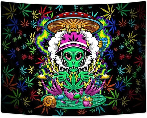 Blacklight Cool Weed Tapestry للرجال، الأشعة فوق البنفسجية التفاعلية Trippy Alien Stuff نسيج أوراق الماريجوانا لغرفة النوم، مخدر التعادل صبغ ستونر المفروشات ملصق بطانية مسكن الكلية يتوهج في الظلام، 60 × 40 بوصة in Kuwait