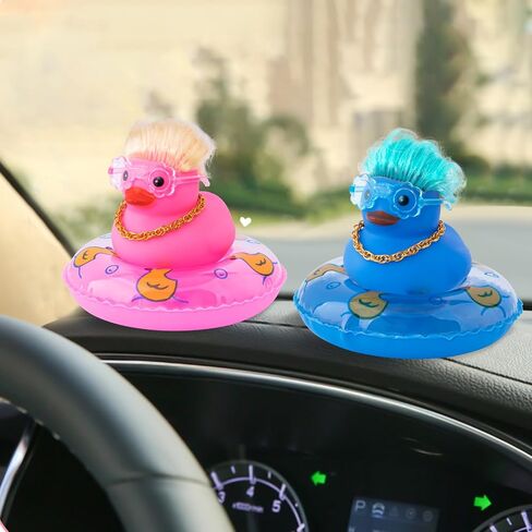 wonuu Car Rubber Duck Decoration, Color Hair Duck Car Dashboard Duck Ornaments Accessories with Mini Swim Ring and Sunglasses Fashion Hair, A_Pink blue hair duck in Kuwait