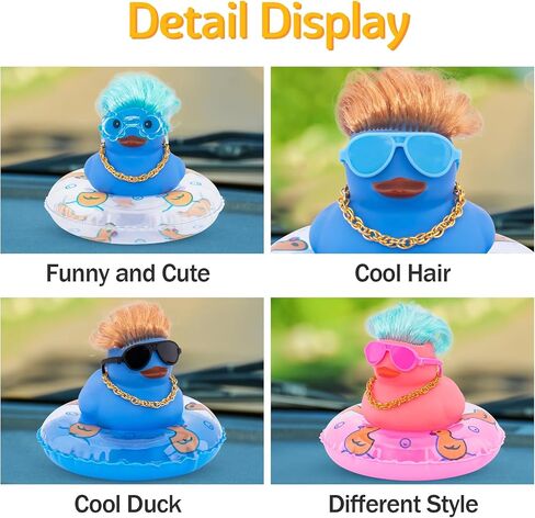wonuu Car Rubber Duck Decoration, Color Hair Duck Car Dashboard Duck Ornaments Accessories with Mini Swim Ring and Sunglasses Fashion Hair, A_Pink blue hair duck in Saudi Arabia