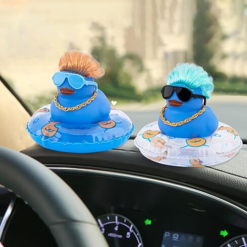 wonuu Car Rubber Duck Decoration, Color Hair Duck Car Dashboard Duck Ornaments Accessories with Mini Swim Ring and Sunglasses Fashion Hair, A_Pink blue hair duck in Saudi Arabia