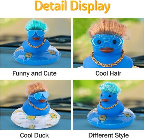 wonuu Car Rubber Duck Decoration, Color Hair Duck Car Dashboard Duck Ornaments Accessories with Mini Swim Ring and Sunglasses Fashion Hair, A_Pink blue hair duck in Kuwait