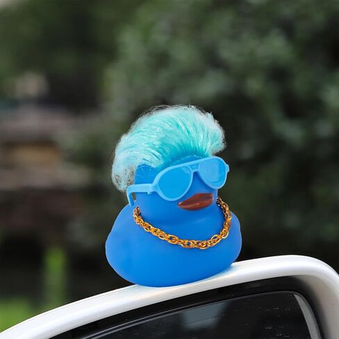 wonuu Car Rubber Duck Decoration, Color Hair Duck Car Dashboard Duck Ornaments Accessories with Mini Swim Ring and Sunglasses Fashion Hair, A_Pink blue hair duck in Kuwait
