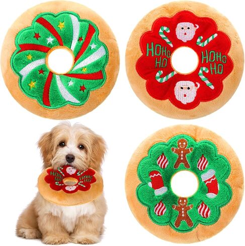 Halloscume 3 Pack Christmas Dog Toys Pet Puppy Chew Donut Squeaky Plush Toy with Soft Fabric, Stuffed Dog Chew Toys for Christmas Aggressive Chewers Dog Pet Gifts in Saudi Arabia