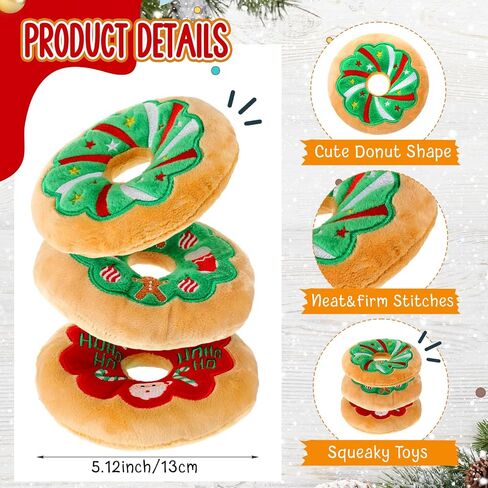 Halloscume 3 Pack Christmas Dog Toys Pet Puppy Chew Donut Squeaky Plush Toy with Soft Fabric, Stuffed Dog Chew Toys for Christmas Aggressive Chewers Dog Pet Gifts in Saudi Arabia