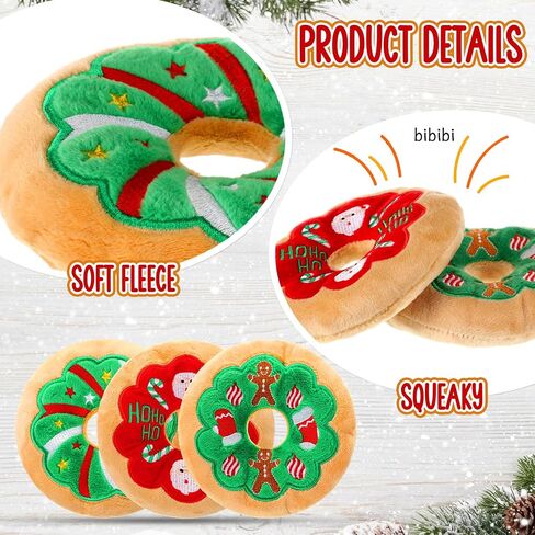 Halloscume 3 Pack Christmas Dog Toys Pet Puppy Chew Donut Squeaky Plush Toy with Soft Fabric, Stuffed Dog Chew Toys for Christmas Aggressive Chewers Dog Pet Gifts in Saudi Arabia
