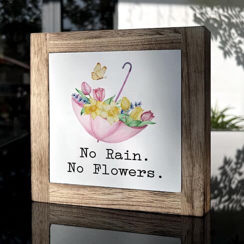 Spring Decor, Wooden Box Signs for Home Decor, Floral Umbrella Sign, Spring Door Sign, Home Wall Decor, Home Decor Art, Living Room Decor, Colorful Flower Decorations for Garden, No Rain No Flowers in Kuwait