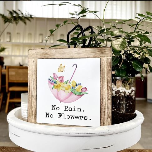 Spring Decor, Wooden Box Signs for Home Decor, Floral Umbrella Sign, Spring Door Sign, Home Wall Decor, Home Decor Art, Living Room Decor, Colorful Flower Decorations for Garden, No Rain No Flowers in Kuwait