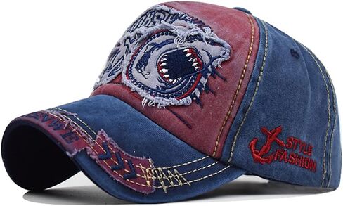 LOCOMO Men Women Shark Distressed Vintage Baseball Cap Fishing Hat Trucker Snapback Bill Brim Sun Cap Blue and Red in Kuwait