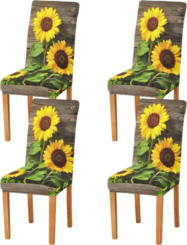 ALAZA Chair Covers for Dining Room, Autumn Sunflowers on Wooden Board Stretch Chair Cover Sets Chair Protector for Formal Dining Celebration in Saudi Arabia