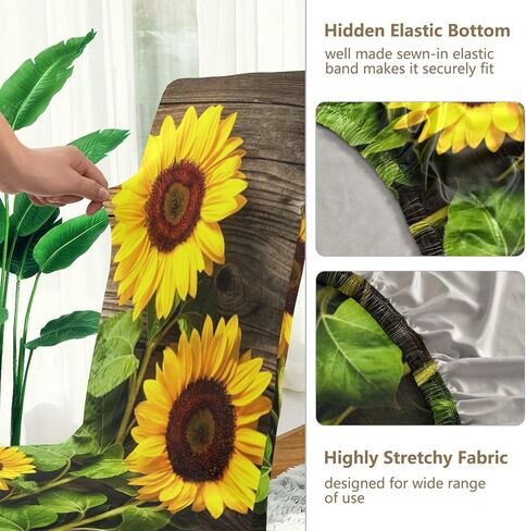 ALAZA Chair Covers for Dining Room, Autumn Sunflowers on Wooden Board Stretch Chair Cover Sets Chair Protector for Formal Dining Celebration in Saudi Arabia