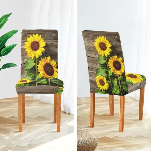 ALAZA Chair Covers for Dining Room, Autumn Sunflowers on Wooden Board Stretch Chair Cover Sets Chair Protector for Formal Dining Celebration in Saudi Arabia