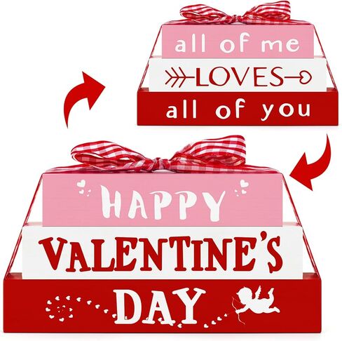 CRCZK Reversible Valentine's Day Wooden Sign with Sayings Happy Valentine's Day All of Me Loves All of You Farmhouse Centerpieces for Tables Rustic Tiered Tray Decorations Set in Kuwait