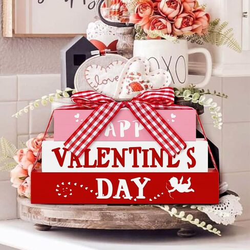 CRCZK Reversible Valentine's Day Wooden Sign with Sayings Happy Valentine's Day All of Me Loves All of You Farmhouse Centerpieces for Tables Rustic Tiered Tray Decorations Set in Kuwait