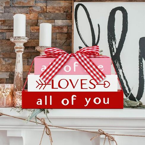CRCZK Reversible Valentine's Day Wooden Sign with Sayings Happy Valentine's Day All of Me Loves All of You Farmhouse Centerpieces for Tables Rustic Tiered Tray Decorations Set in Kuwait