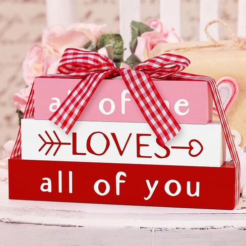CRCZK Reversible Valentine's Day Wooden Sign with Sayings Happy Valentine's Day All of Me Loves All of You Farmhouse Centerpieces for Tables Rustic Tiered Tray Decorations Set in Kuwait