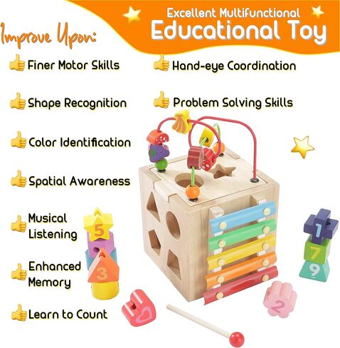 مونتيسوري ماما بيبي نشاط مكعب ألعاب مونتيسوري لعمر سنة واحدة + ألعاب تعليمية لعمر 1+ مركز نشاط للطفل، ألعاب تعليمية للأطفال الصغار لمدة 12-18 شهرًا، هدايا عيد الميلاد الأول للفتيات للأولاد in Kuwait