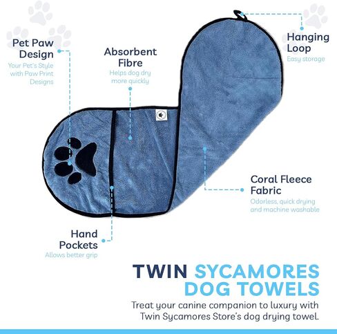 Twin Sycamores Small Dog Towel for Drying Dogs - Premium Pet Grooming Bath Towel with Comfortable Hand Pockets and Super Absorbent Microfibers - Quick Drying & Machine Washable - 11.8" x 35.4" in Saudi Arabia