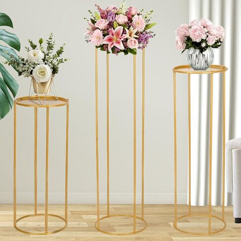 mopam Pedestal Plant Stand Cylinder Stands for Party Gold Vases Pedestal Stand Flowers Stand Wedding Centerpiece Table Decorations with Metal Panel Round Display Rack  3PCS 35.4/29.5/23.6 In Tall in Kuwait