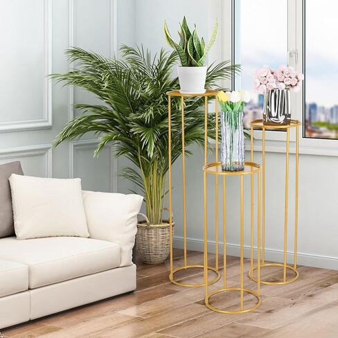 mopam Pedestal Plant Stand Cylinder Stands for Party Gold Vases Pedestal Stand Flowers Stand Wedding Centerpiece Table Decorations with Metal Panel Round Display Rack  3PCS 35.4/29.5/23.6 In Tall in Kuwait