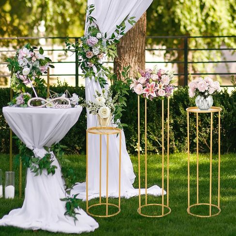 mopam Pedestal Plant Stand Cylinder Stands for Party Gold Vases Pedestal Stand Flowers Stand Wedding Centerpiece Table Decorations with Metal Panel Round Display Rack  3PCS 35.4/29.5/23.6 In Tall in Kuwait