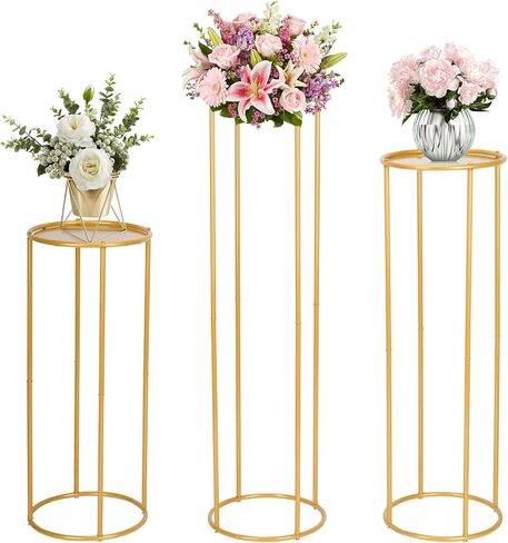 mopam Pedestal Plant Stand Cylinder Stands for Party Gold Vases Pedestal Stand Flowers Stand Wedding Centerpiece Table Decorations with Metal Panel Round Display Rack  3PCS 35.4/29.5/23.6 In Tall in Kuwait