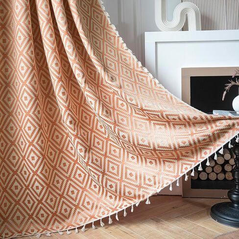 ستارة Schweek Boho برتقالية لغرفة النوم وغرفة المعيشة بطول 84 بوصة لوحتين، ستائر وستائر مزرعة منقوشة هندسية، معالجات النوافذ لتغميق الغرفة، لوحة ستارة النافذة مع شرابة in Kuwait