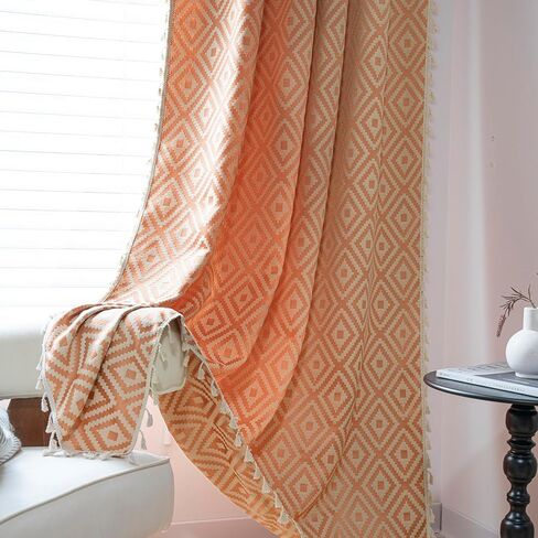 ستارة Schweek Boho برتقالية لغرفة النوم وغرفة المعيشة بطول 84 بوصة لوحتين، ستائر وستائر مزرعة منقوشة هندسية، معالجات النوافذ لتغميق الغرفة، لوحة ستارة النافذة مع شرابة in Kuwait