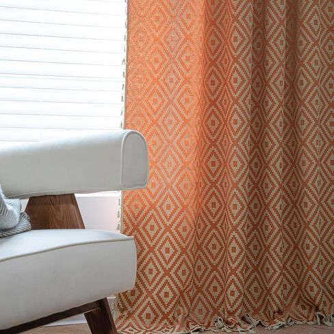 ستارة Schweek Boho برتقالية لغرفة النوم وغرفة المعيشة بطول 84 بوصة لوحتين، ستائر وستائر مزرعة منقوشة هندسية، معالجات النوافذ لتغميق الغرفة، لوحة ستارة النافذة مع شرابة in Kuwait