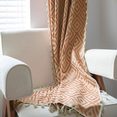 ستارة Schweek Boho برتقالية لغرفة النوم وغرفة المعيشة بطول 84 بوصة لوحتين، ستائر وستائر مزرعة منقوشة هندسية، معالجات النوافذ لتغميق الغرفة، لوحة ستارة النافذة مع شرابة in Kuwait