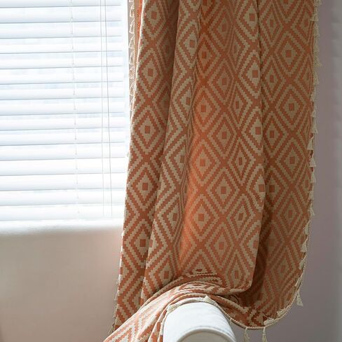 ستارة Schweek Boho برتقالية لغرفة النوم وغرفة المعيشة بطول 84 بوصة لوحتين، ستائر وستائر مزرعة منقوشة هندسية، معالجات النوافذ لتغميق الغرفة، لوحة ستارة النافذة مع شرابة in Kuwait