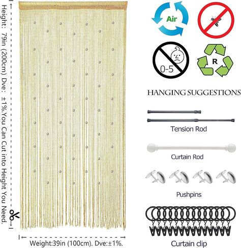 Atsweetlife مطرز ستارة الباب سلسلة الستائر، ستائر الخرز المدخل معلقة غرفة المقسم مطرز ديكور الهبي بريق هامش لوحة خزانة نافذة الأبواب الترتر بوهو الأبواب شرابة (الذهب) in Kuwait