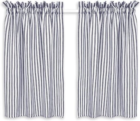 Cackleberry Home Navy Blue and White Ticking Stripe Cafe Curtains 28 Inches W x 24 Inches L Woven Cotton, Set of 2 in Saudi Arabia