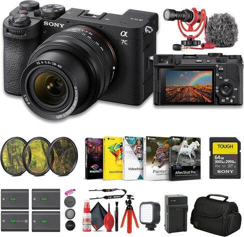 Sony a7C II Mirrorless Camera with 28-60mm Lens (ILCE-7CM2L/B) + 64GB SF-G Tough Card + Filter Kit + Bag + 3 x NP-FZ100 Compatible Battery + Corel Photo Software + External Charger + More (Renewed) in Saudi Arabia