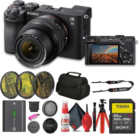 Sony a7C II Mirrorless Camera with 28-60mm Lens (ILCE-7CM2L/B) + 64GB SF-G Tough Card + Filter Kit + Bag + Card Reader + Flex Tripod + Cleaning Kit (Renewed) in Saudi Arabia