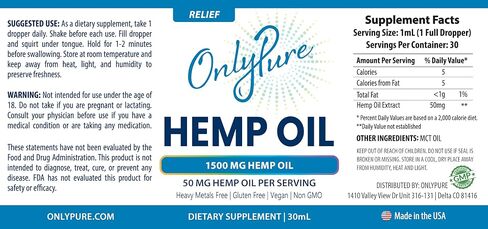 OnlyPure Relief Hemp Oil Extract Drops, 1500 mg, Supports Daily Overall Health, Wellness, Sleep & Relaxation, All Natural with MCT Oil, Non-GMO & Vegan, 30 mL (30 Servings) in Saudi Arabia