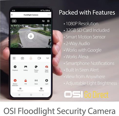 OSI Black Wi-Fi Wireless Smart Floodlight Security Camera, Human Detection,2-Way Audio, Motion Sensor Alarm,Audio Video Recording,Compatible with Alexa & Google,32GB SD Card Included & Cloud Storage in Kuwait
