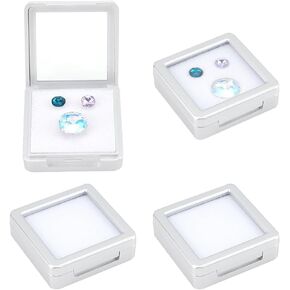 BENECREAT 4 Pcs Silver Gemstone Display Box, 1.57x1.57x0.67 inch Square Jewelry Box with Clear Glass Top Lids for Gift Wrapping, Displaying Gemstones, Crystal Diamond Accessories