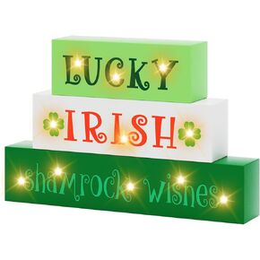 St Patricks Day Decorations St Patrick's Day Wooden Block Lighted Lucky Irish Shamrock Wishes St Patricks Day Irish Festive Farmhouse Tiered Tray Decor Green Decor Irish Gifts Battery Operated in Kuwait