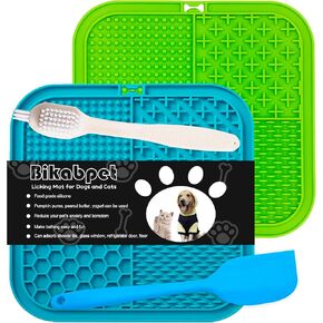 Bikabpet Lick mat for Dogs, Peanut Butter and Slow Feeders for Dogs, Dog Lick Mat with Suction Cups, Apply Dog Bath Grooming to Divert Anxiety，Silicone Scraper and scrubbing Brush (Blue+Green01) in Kuwait